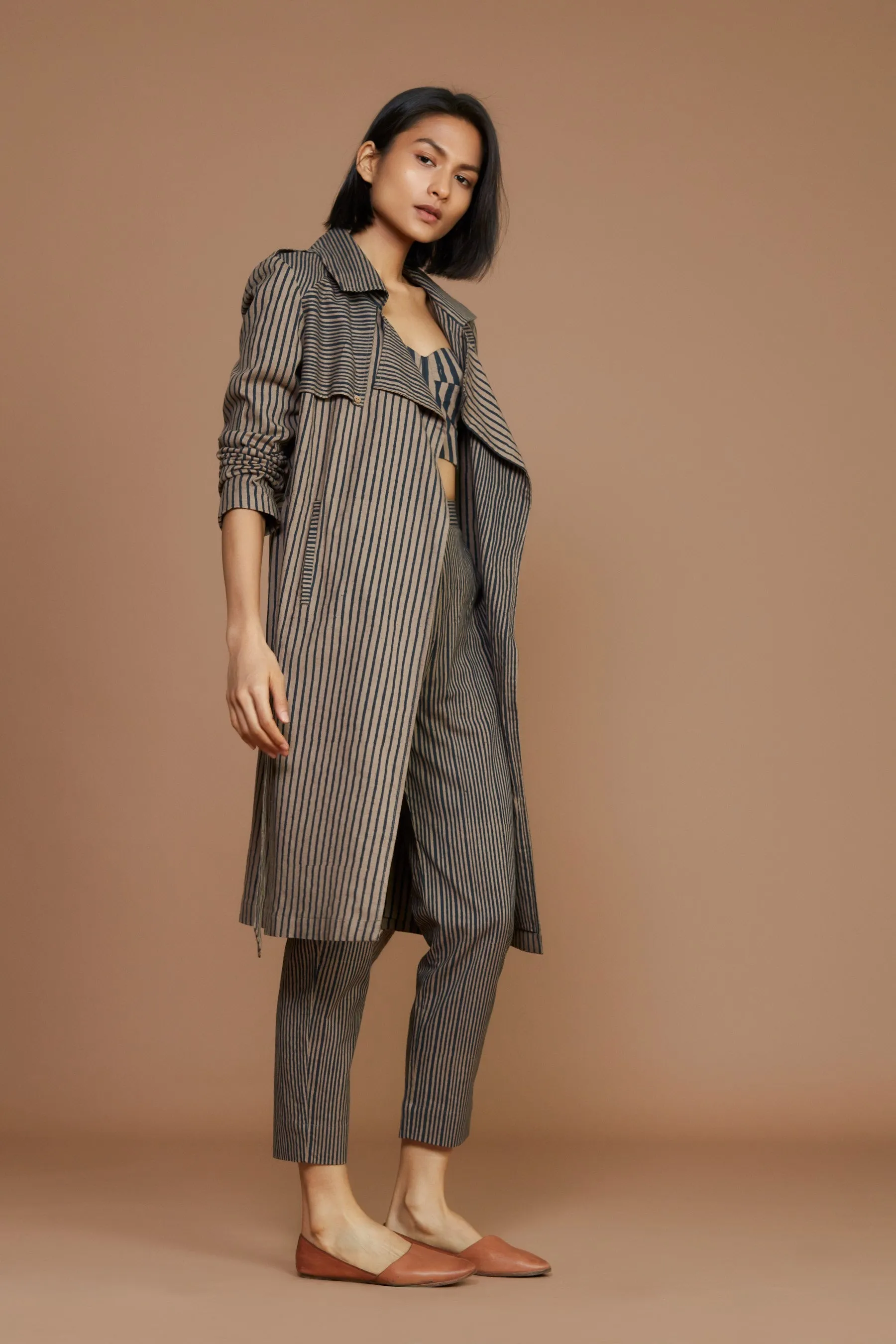 Brown With Charcoal Striped Trench & Corset Co-Ord Set (3 Pcs)