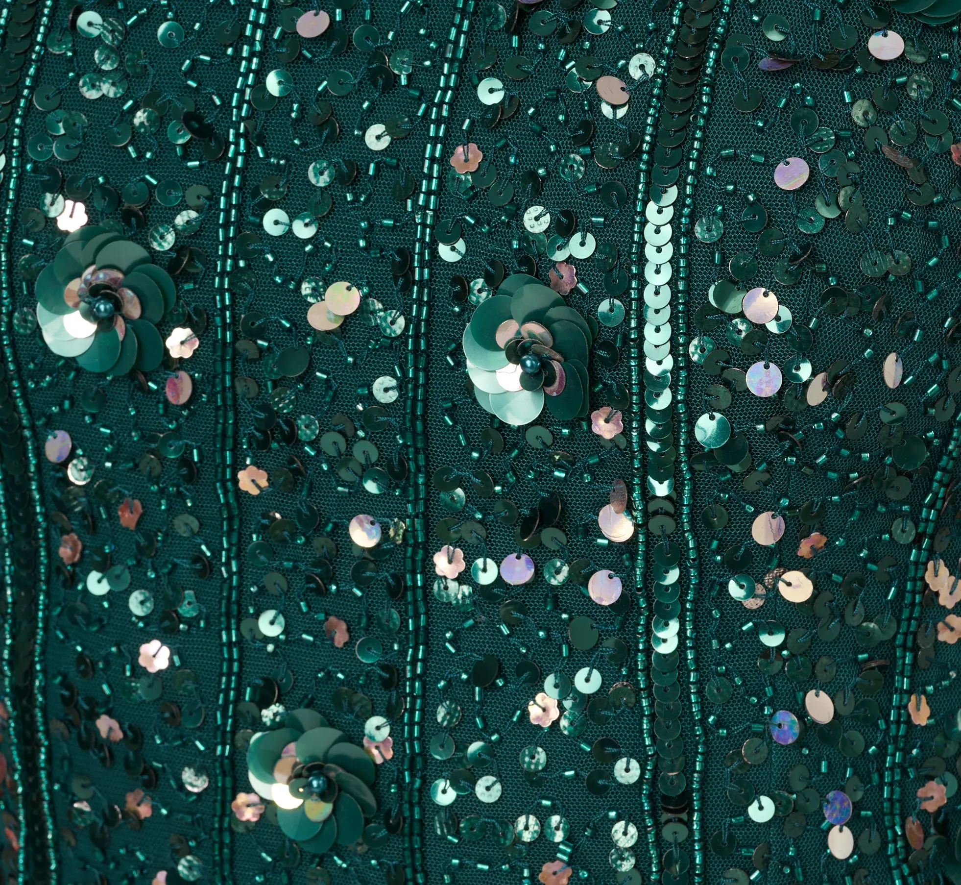 Cap Sleeve Sequin Beaded Dress With Mock Neckline In Gem Green