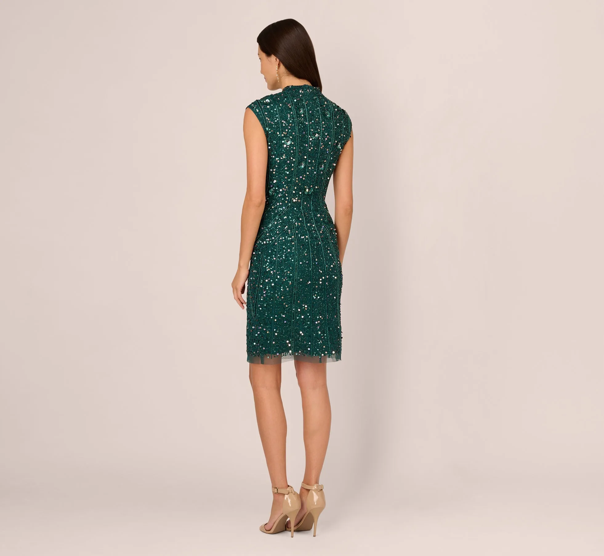 Cap Sleeve Sequin Beaded Dress With Mock Neckline In Gem Green