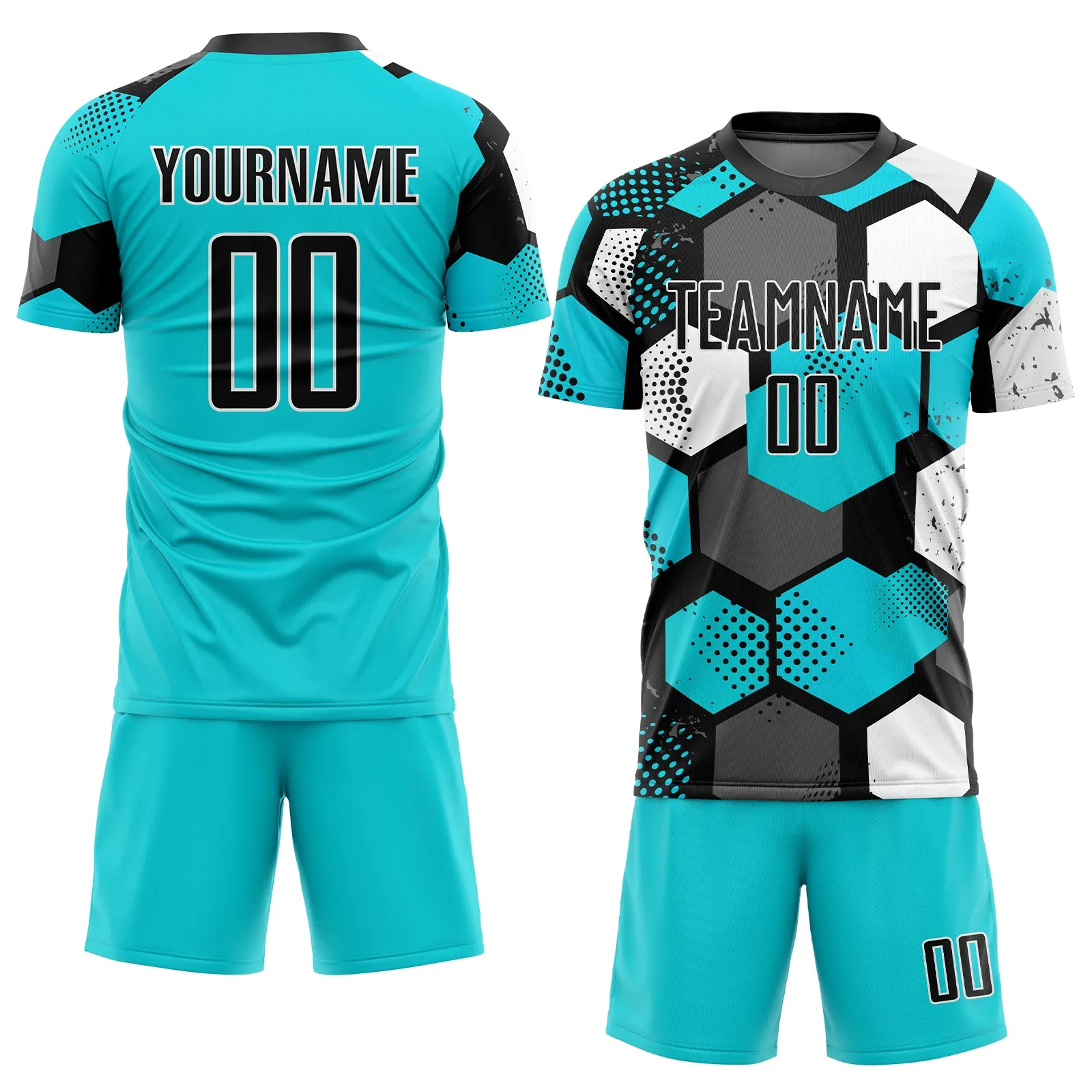 Custom Aqua Black-White Sublimation Soccer Uniform Jersey