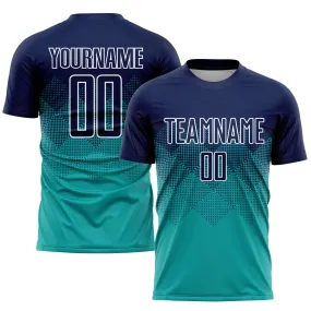 Custom Aqua Navy-White Sublimation Soccer Uniform Jersey