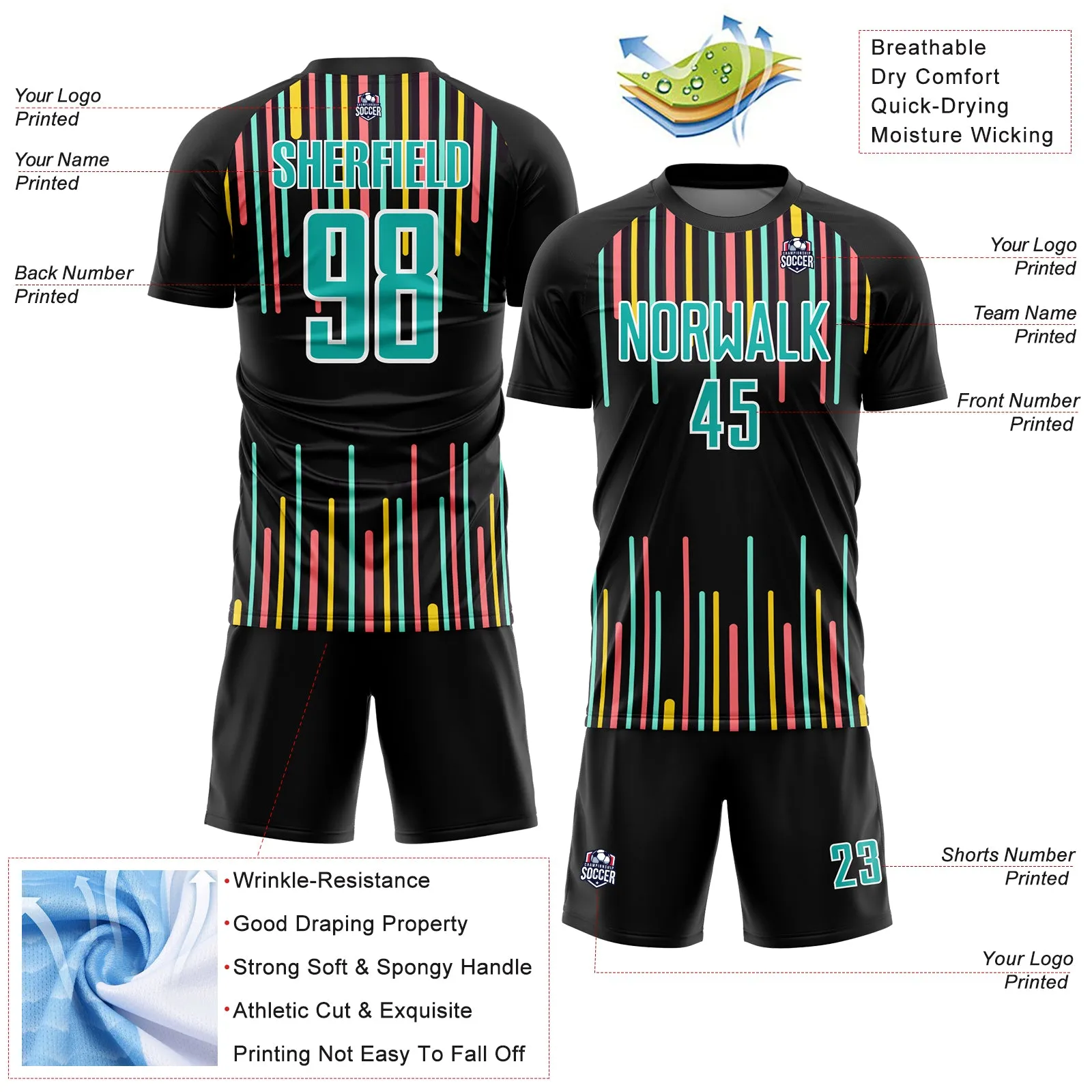 Custom Black Aqua-White Lines Sublimation Soccer Uniform Jersey