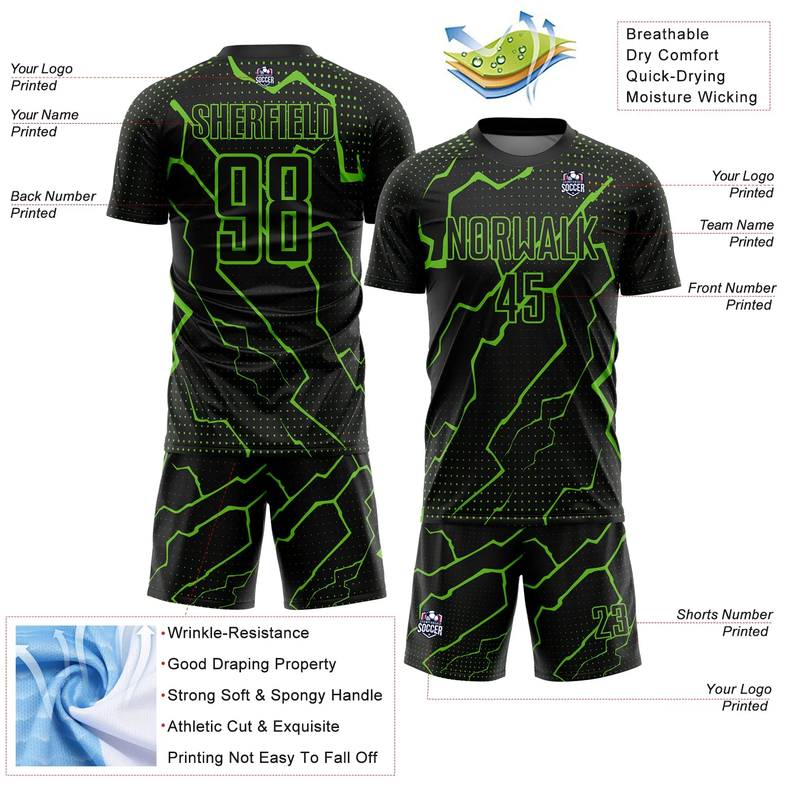 Custom Black Aurora Green Lightning Sublimation Soccer Uniform Jersey