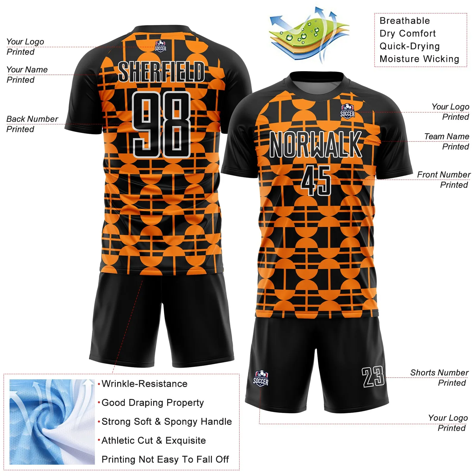 Custom Black Bay Orange-White Geometric Shapes Sublimation Soccer Uniform Jersey