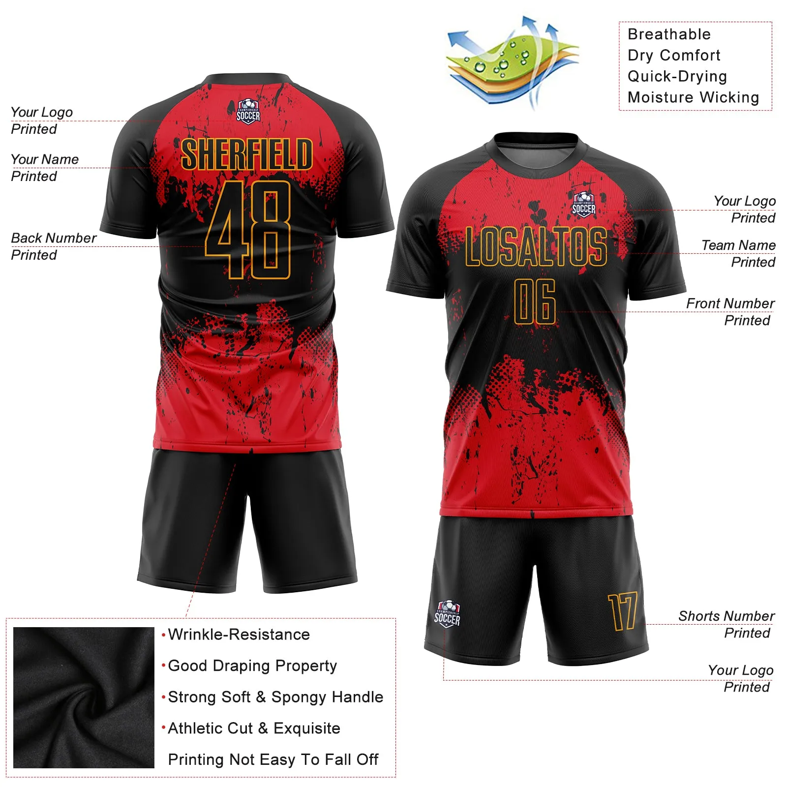 Custom Black Black-Red Sublimation Soccer Uniform Jersey