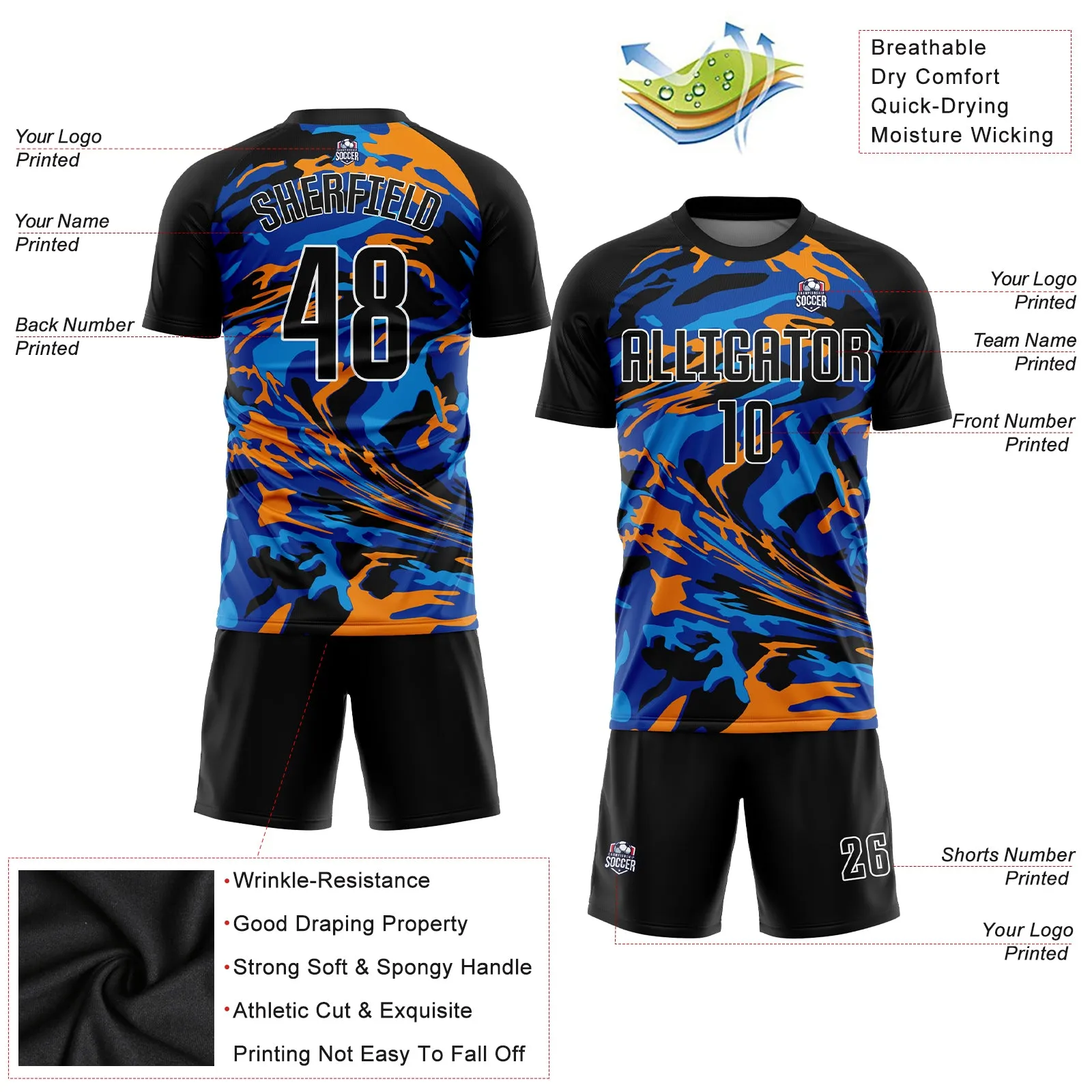 Custom Black Black Royal-Orange Sublimation Soccer Uniform Jersey