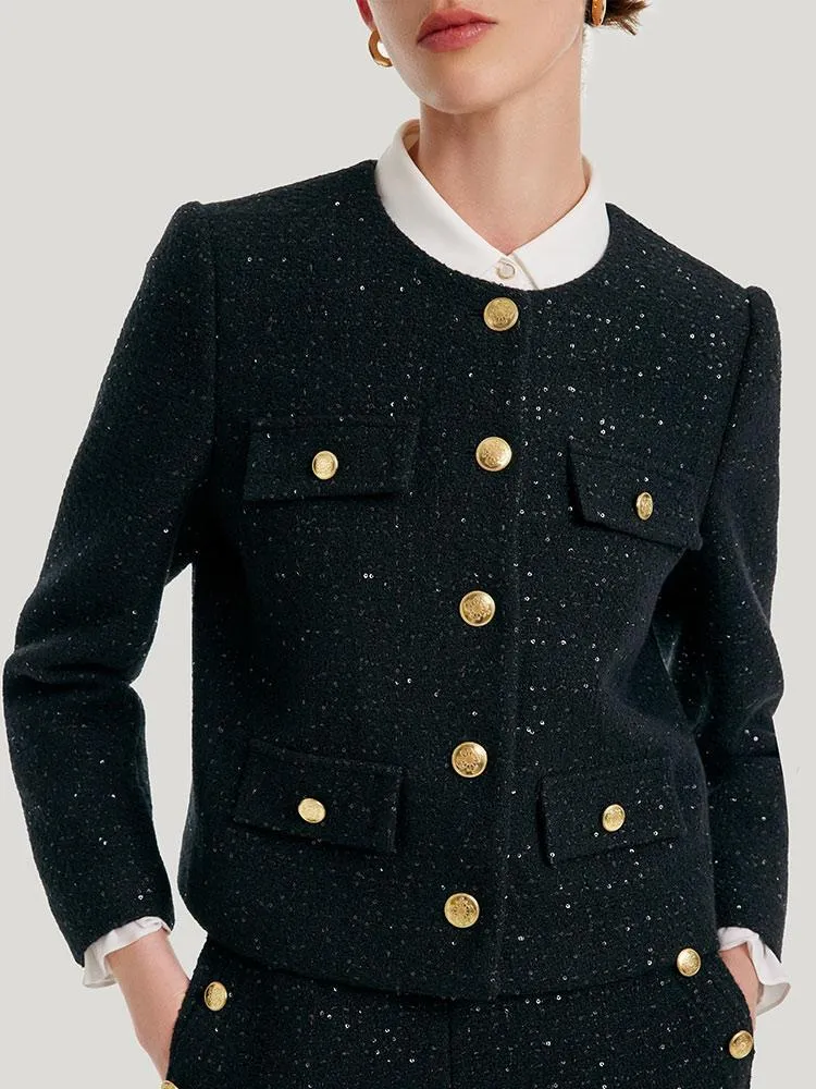 Elegant Black Tweed Cropped Women Jacket