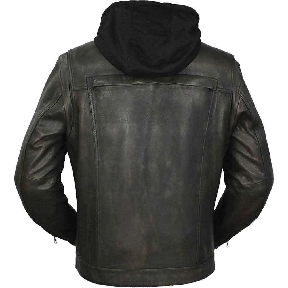 First Mfg Mens Vendetta Hooded Leather Motorcycle Jacket