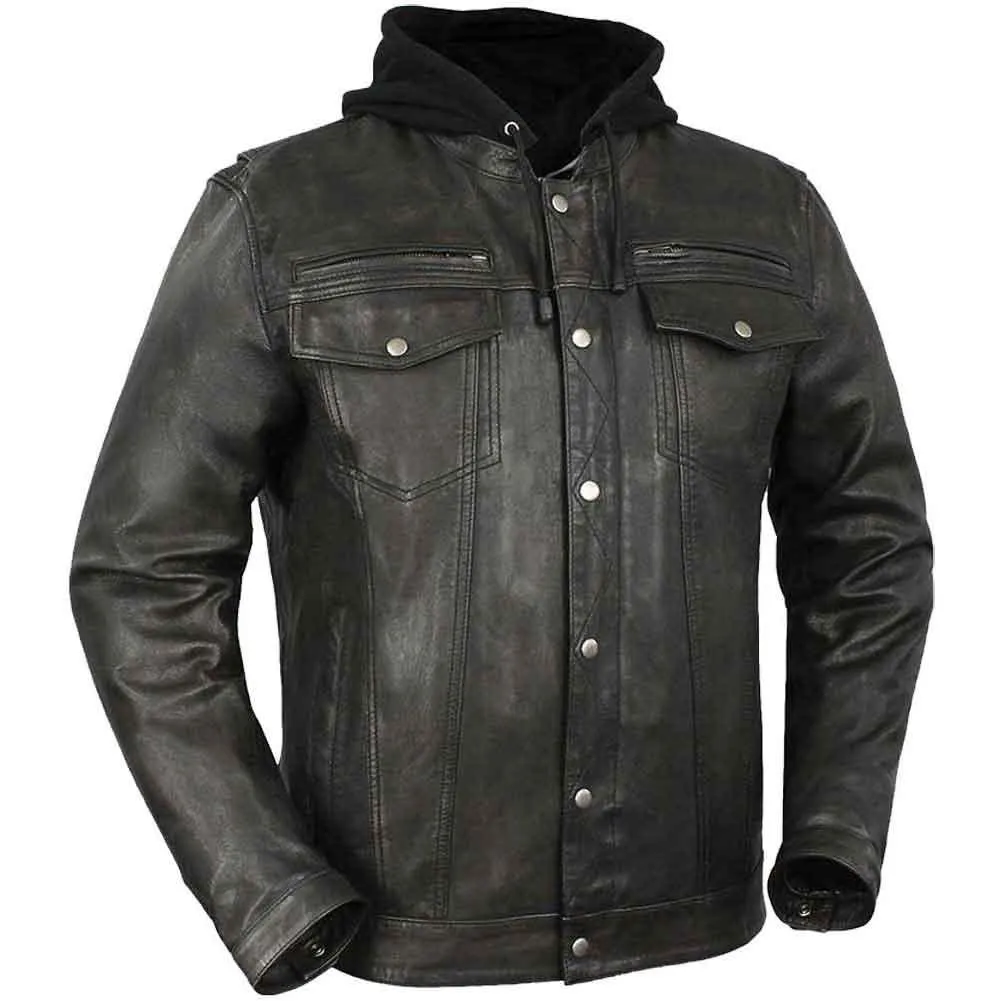 First Mfg Mens Vendetta Hooded Leather Motorcycle Jacket