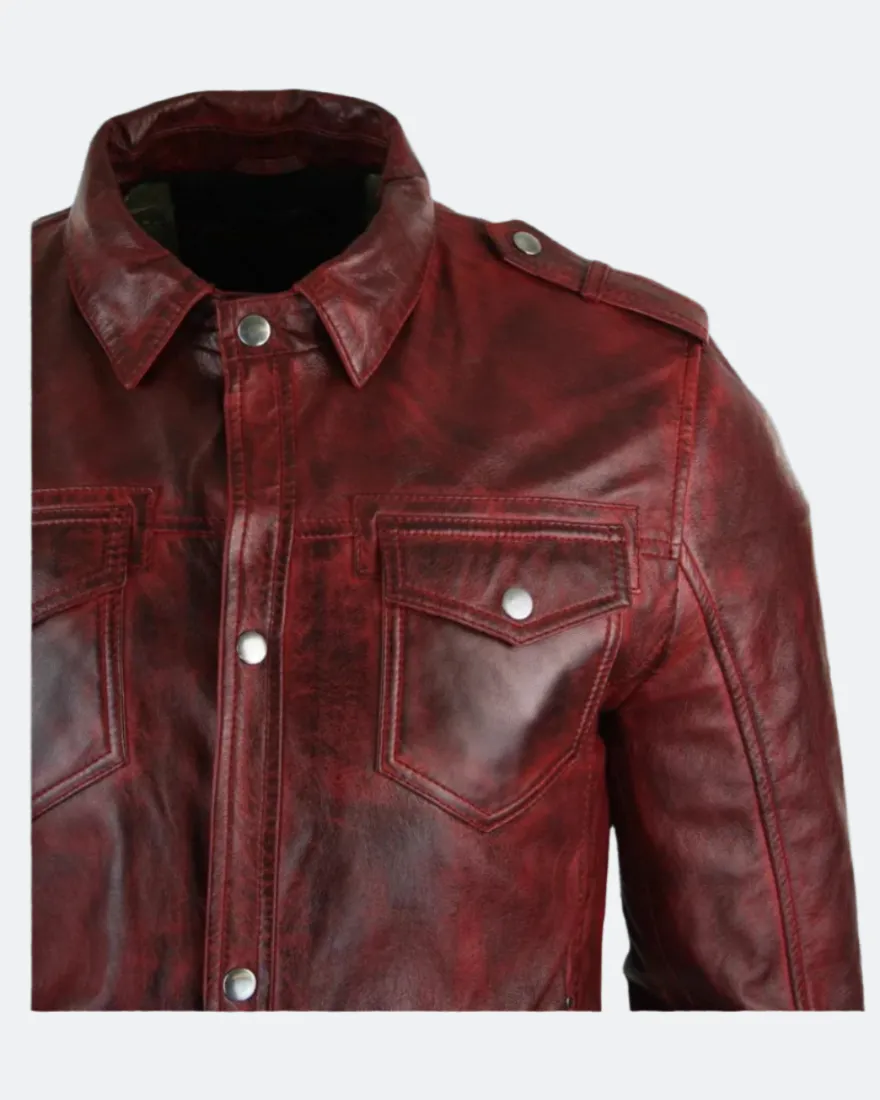 Leather Shirt Jacket for Men | Maroon