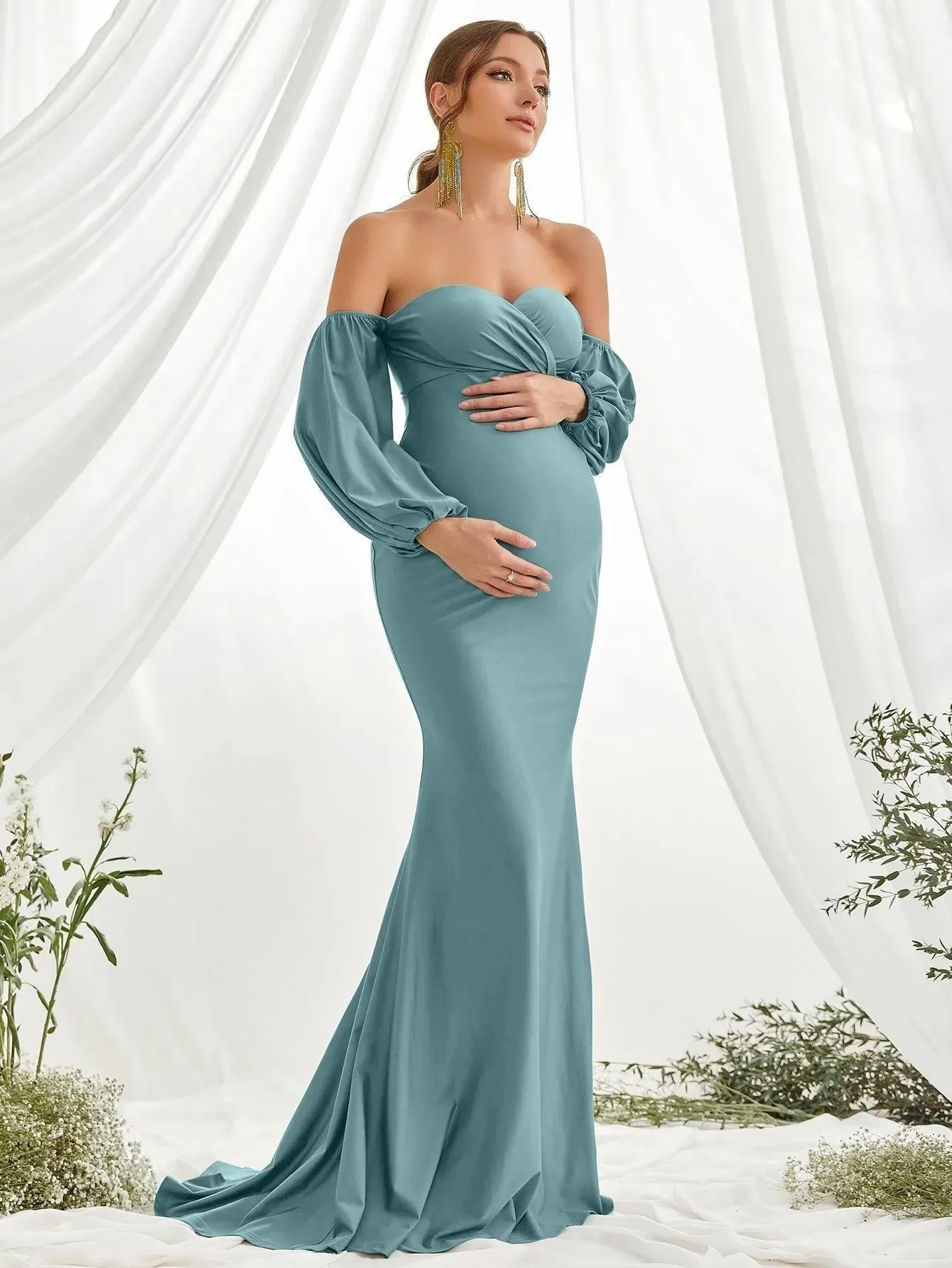 Maternity Off Shoulder Lantern Sleeve Mermaid Dress