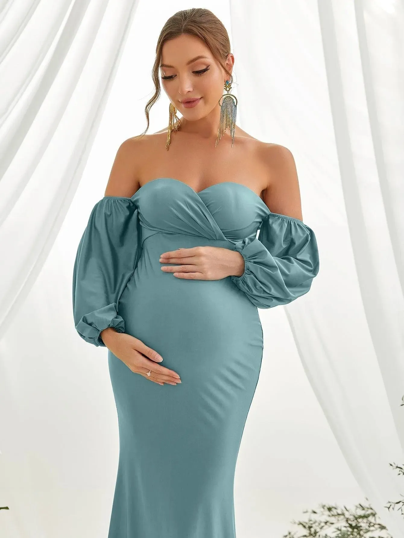 Maternity Off Shoulder Lantern Sleeve Mermaid Dress