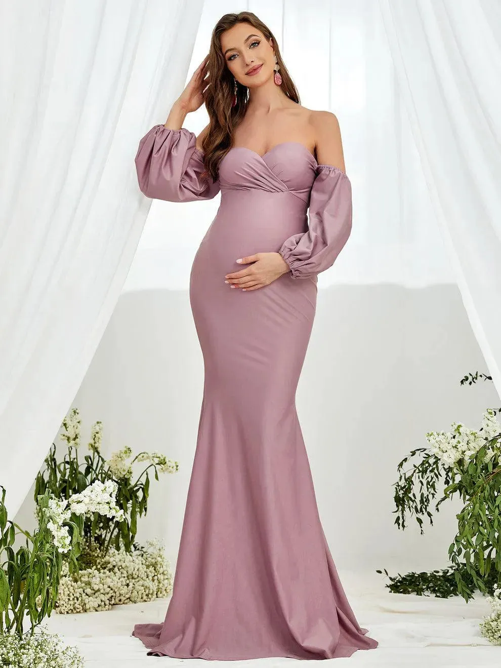 Maternity Off Shoulder Lantern Sleeve Mermaid Dress