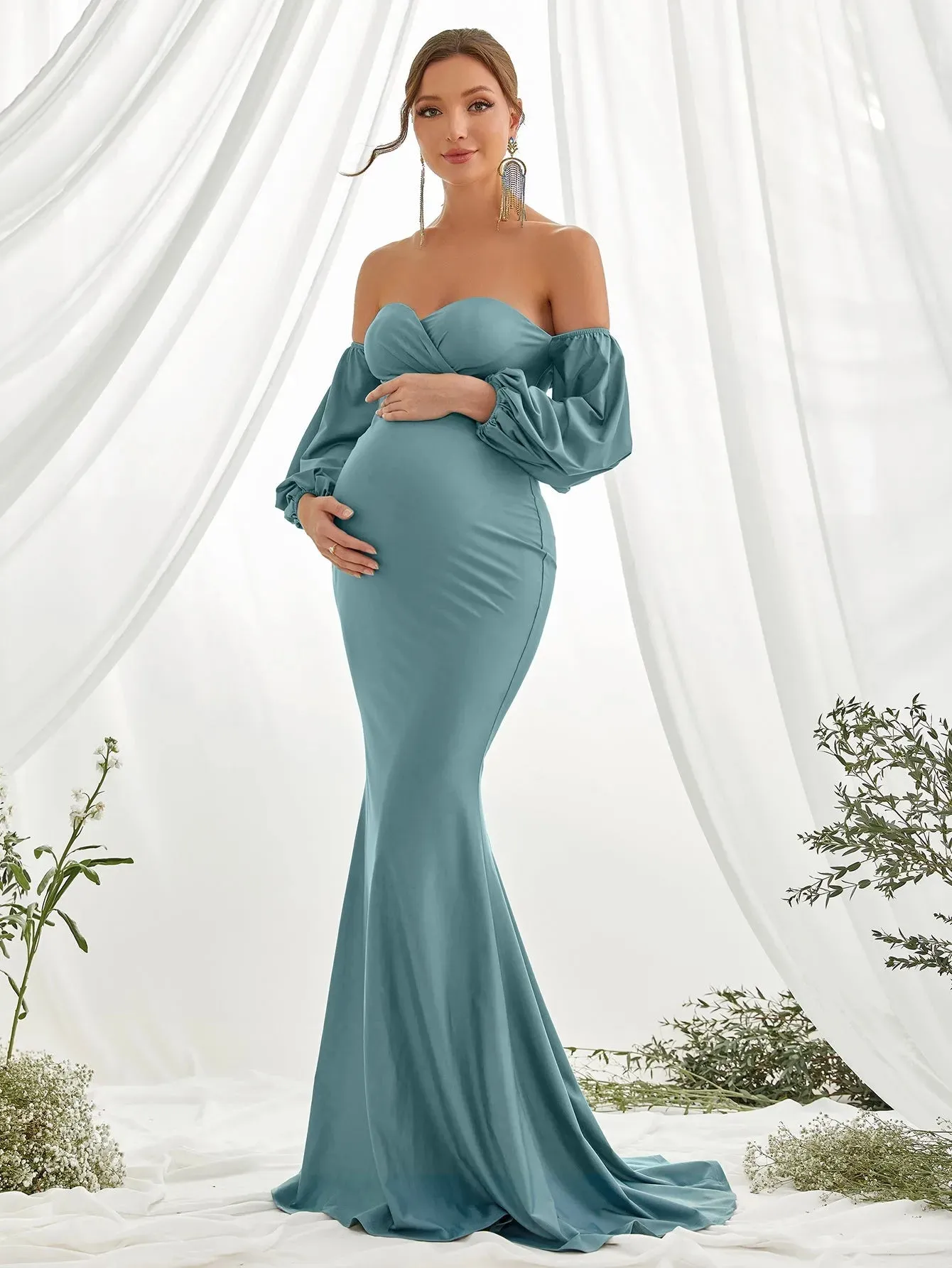 Maternity Off Shoulder Lantern Sleeve Mermaid Dress