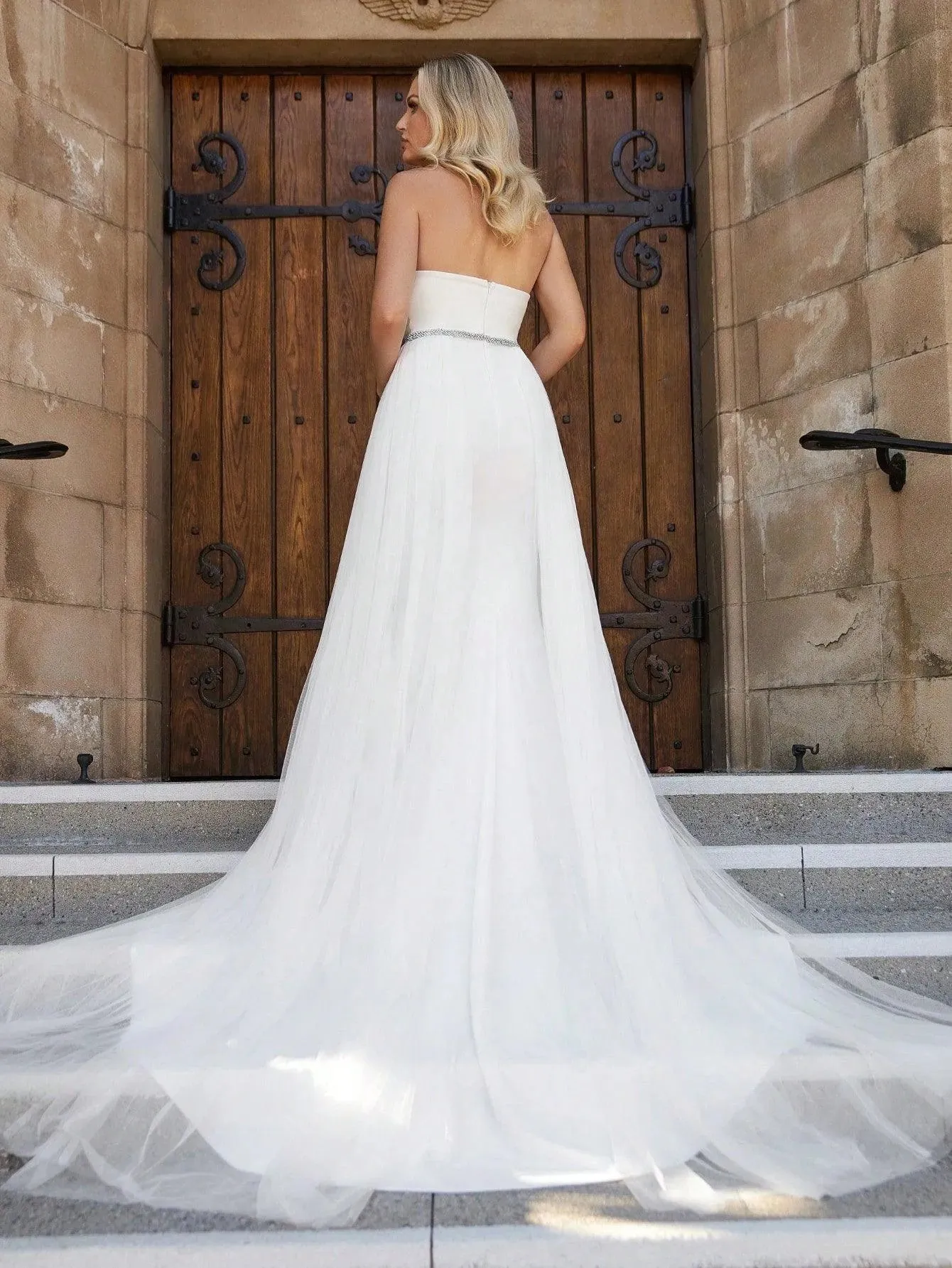 Mesh Overlay Rhinestone Waistband Tube Wedding Dress