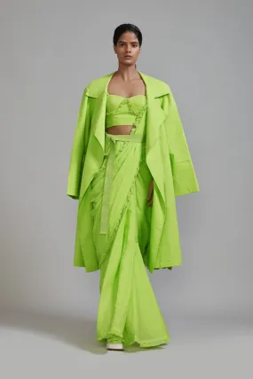 Neon Green Fringed Saree-Corset-Jacket Set (3 PCS)