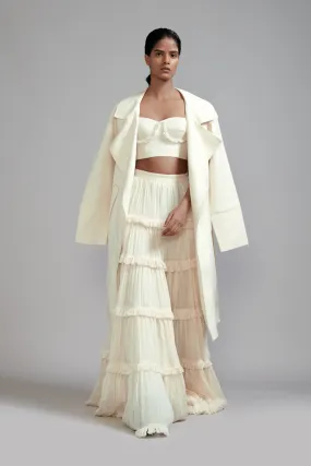 Off-White Fringed Tiered Lehenga Jacket Set (3 PCS)