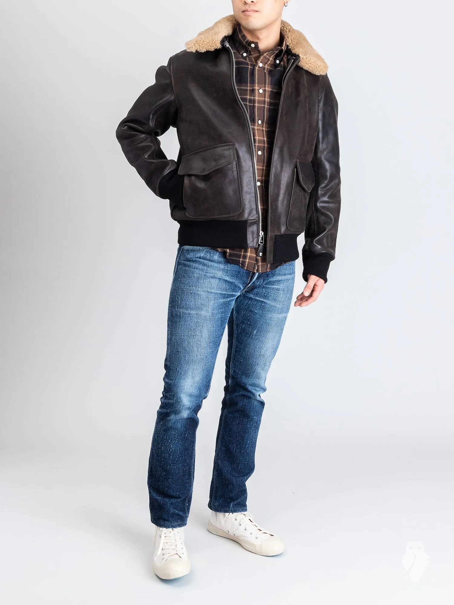 "3sixteen x Schott NYC" A2 Leather Flight Jacket in Black