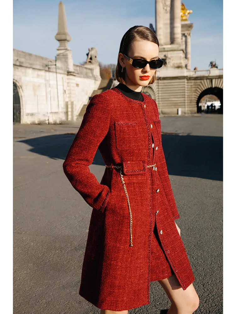 Single-Breasted Tweed Women Coat With Waist Pack