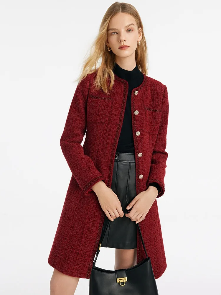 Single-Breasted Tweed Women Coat With Waist Pack