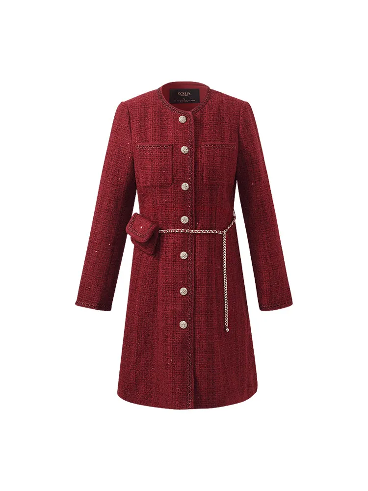 Single-Breasted Tweed Women Coat With Waist Pack