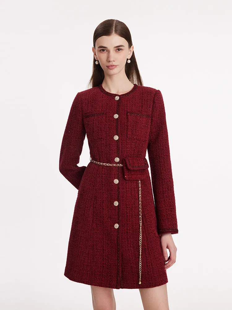 Single-Breasted Tweed Women Coat With Waist Pack