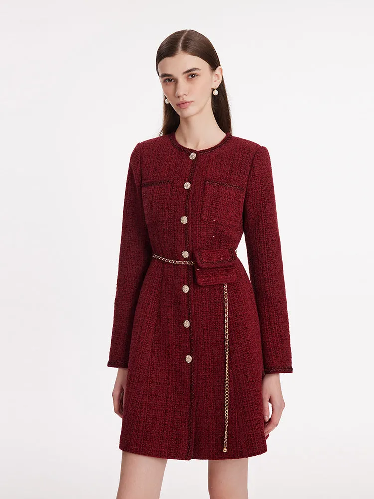 Single-Breasted Tweed Women Coat With Waist Pack