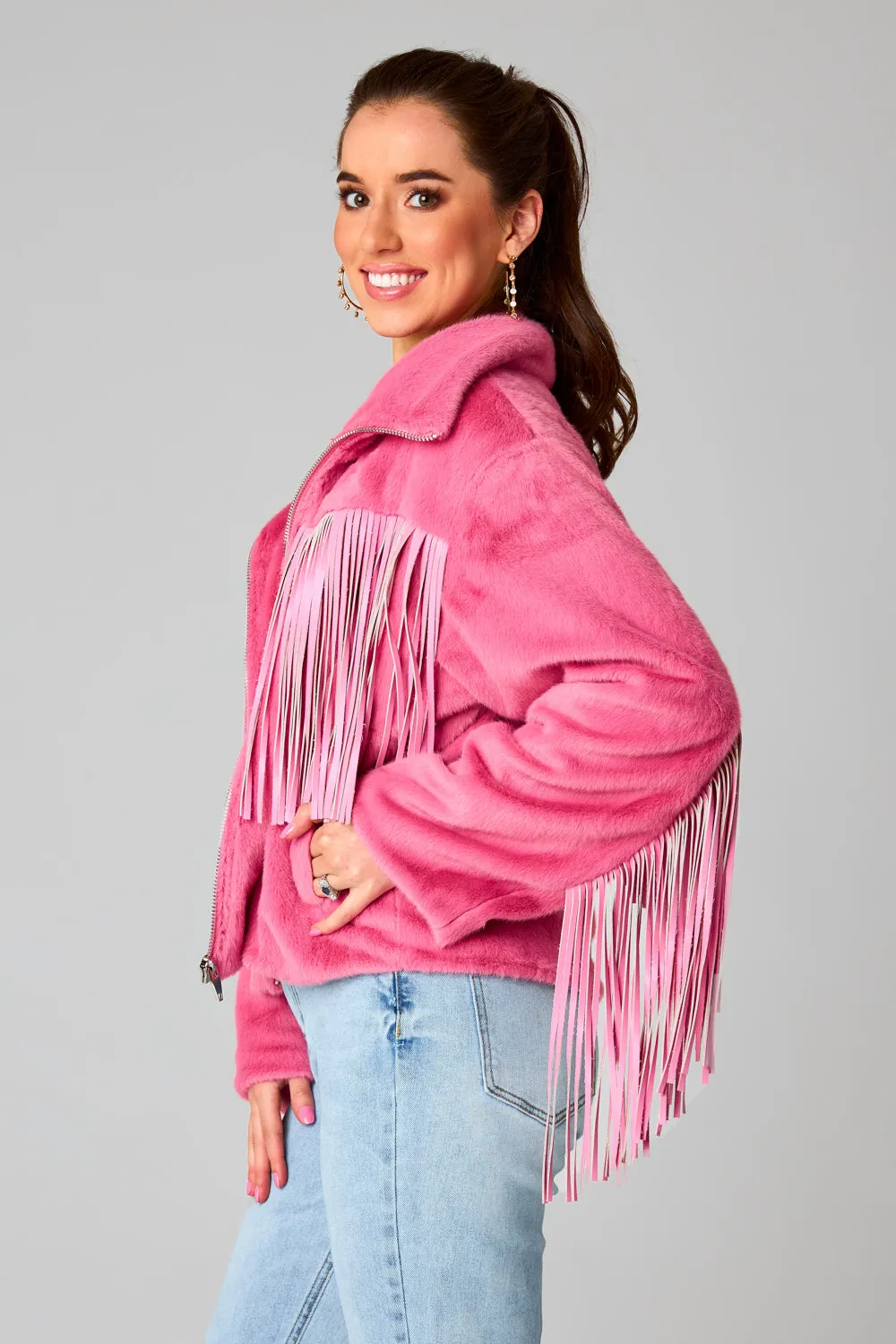 Skylar Fringe Faux Fur Jacket - Hot Pink