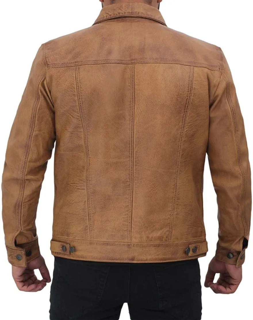 Tan Leather Trucker Jacket Genuine Nappa Sheepskin