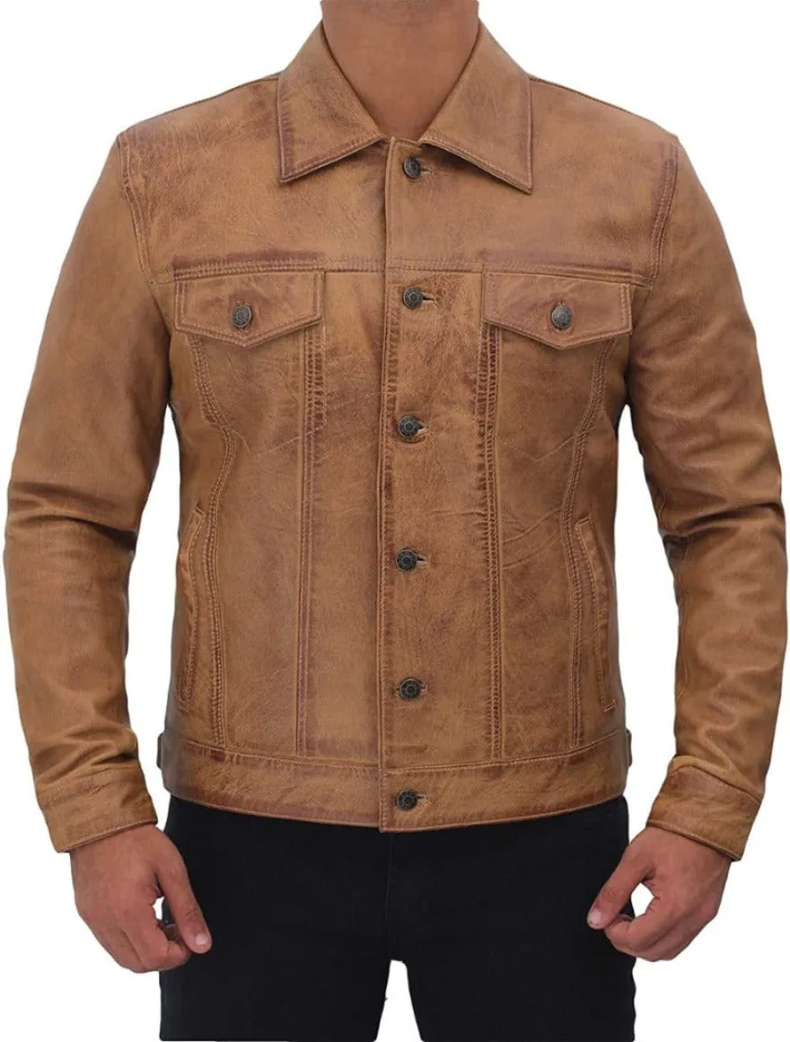 Tan Leather Trucker Jacket Genuine Nappa Sheepskin