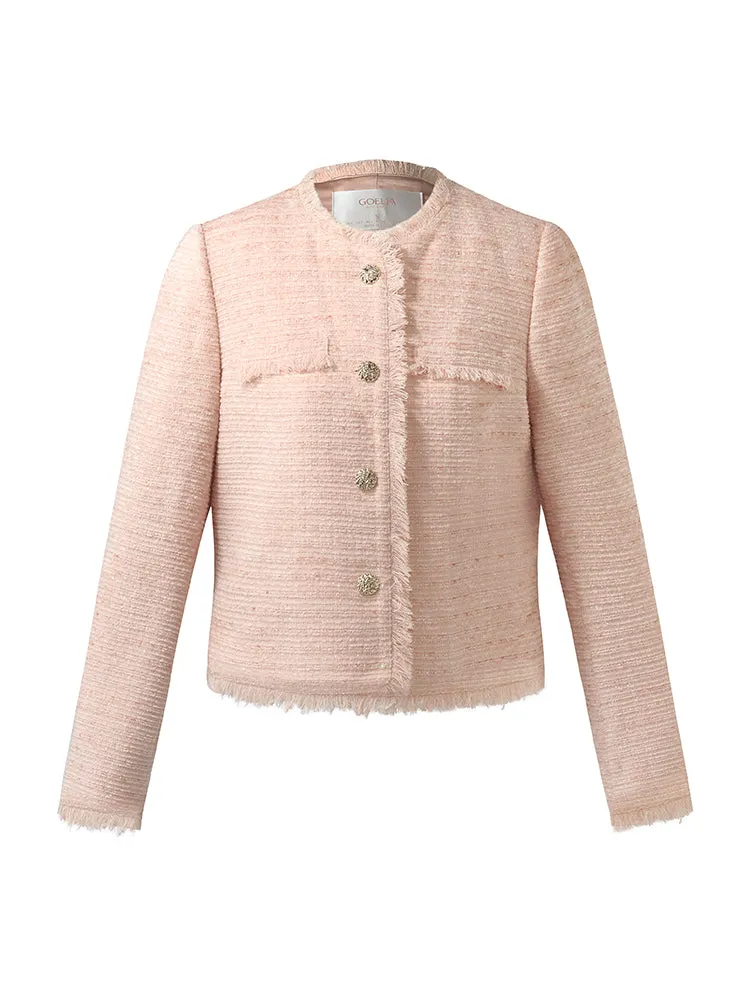 Tweed Collarless Women Crop Jacket