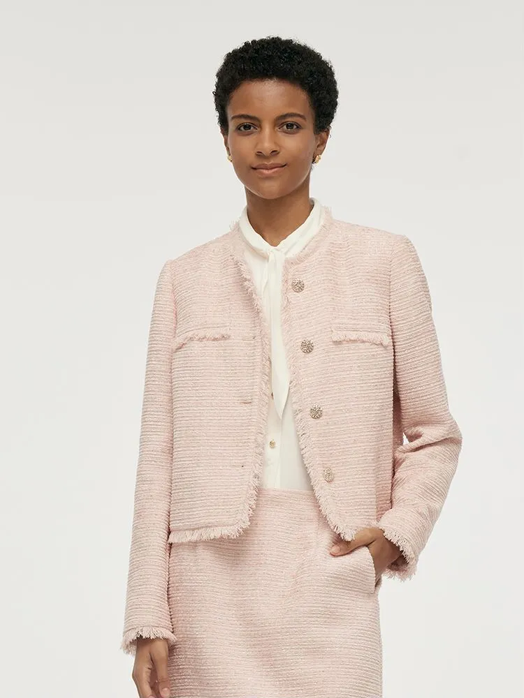 Tweed Collarless Women Crop Jacket