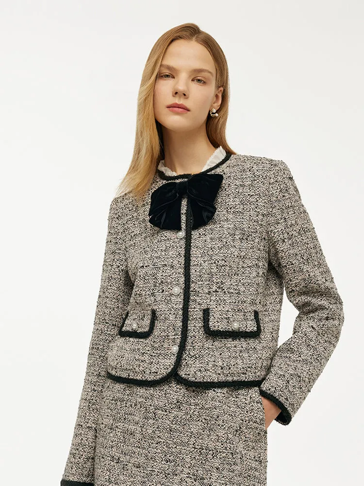 Tweed Women Crop Jacket With Detachable Bowknot