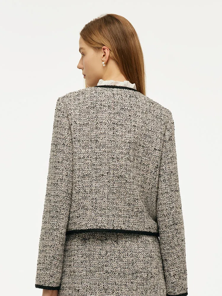 Tweed Women Crop Jacket With Detachable Bowknot