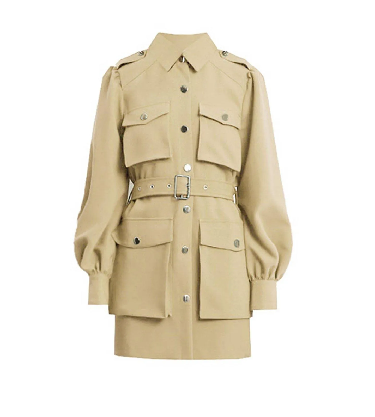 Women's Khaki Long jacket Lantern Sleeve Shirt Dress Belted Waist Epaulet Loose Blazer Jacket trench Dress Fall coat spring windbreaker coat