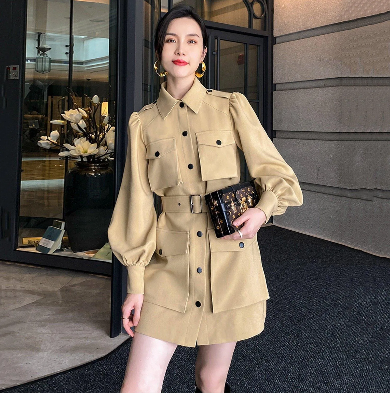 Women's Khaki Long jacket Lantern Sleeve Shirt Dress Belted Waist Epaulet Loose Blazer Jacket trench Dress Fall coat spring windbreaker coat