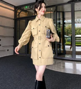 Women's Khaki Long jacket Lantern Sleeve Shirt Dress Belted Waist Epaulet Loose Blazer Jacket trench Dress Fall coat spring windbreaker coat